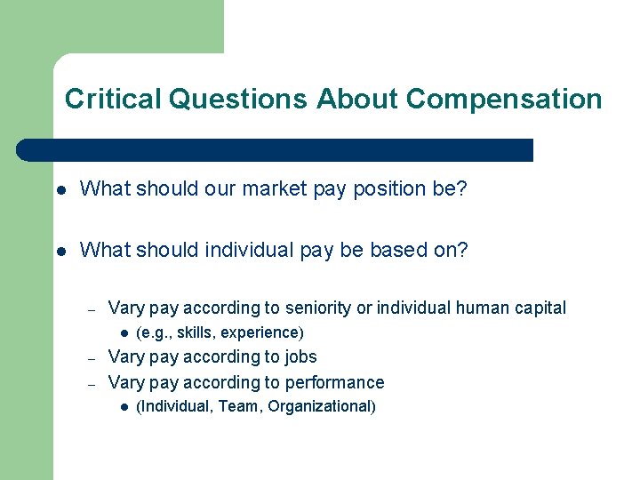 Critical Questions About Compensation l What should our market pay position be? l What
