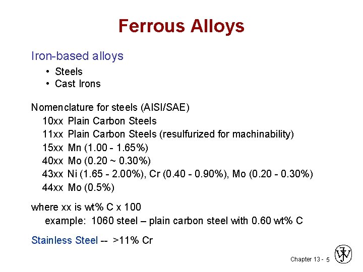 Ferrous Alloys Iron-based alloys • Steels • Cast Irons Nomenclature for steels (AISI/SAE) 10