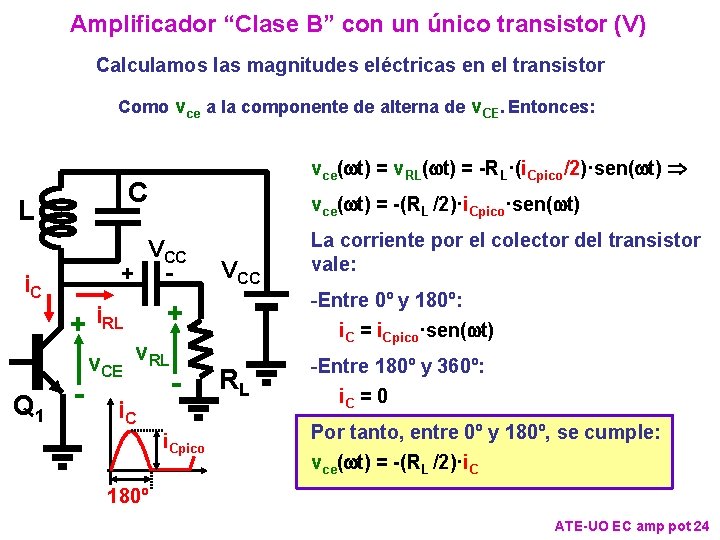 Amplificador “Clase B” con un único transistor (V) Calculamos las magnitudes eléctricas en el Amplificador “Clase B” con un único transistor (V) Calculamos las magnitudes eléctricas en el