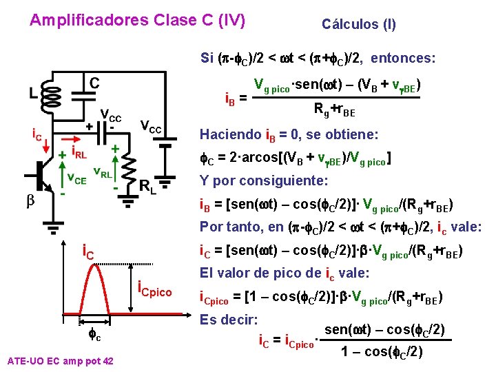Amplificadores Clase C (IV) Cálculos (I) Si (p-f. C)/2 < wt < (p+f. C)/2, Amplificadores Clase C (IV) Cálculos (I) Si (p-f. C)/2 < wt < (p+f. C)/2,