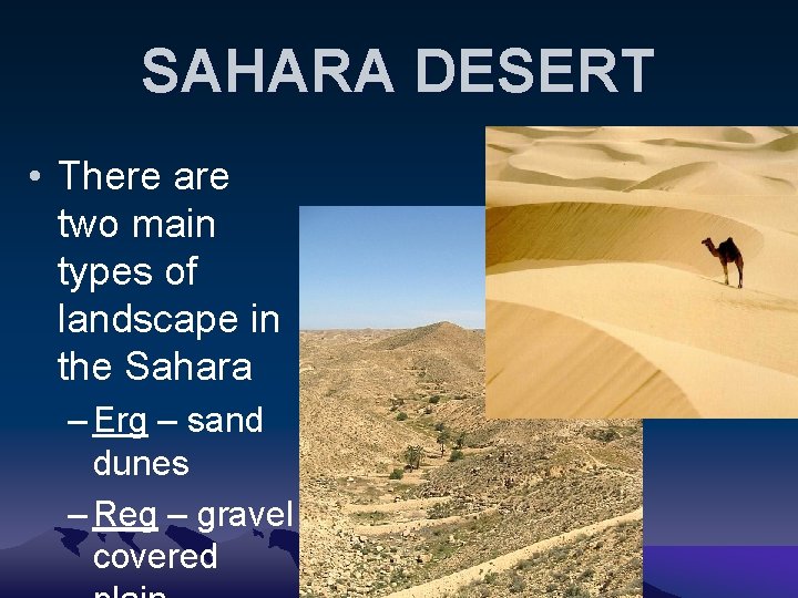 SAHARA DESERT • There are two main types of landscape in the Sahara –