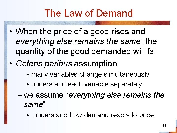 The Law of Demand • When the price of a good rises and everything