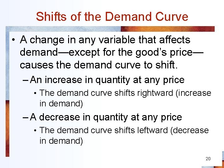 Shifts of the Demand Curve • A change in any variable that affects demand—except