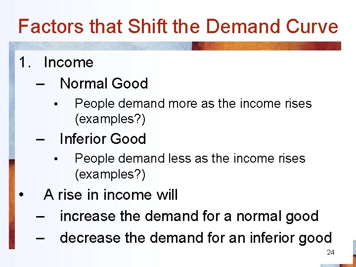 Factors that Shift the Demand Curve 1. Income – Normal Good • – Inferior