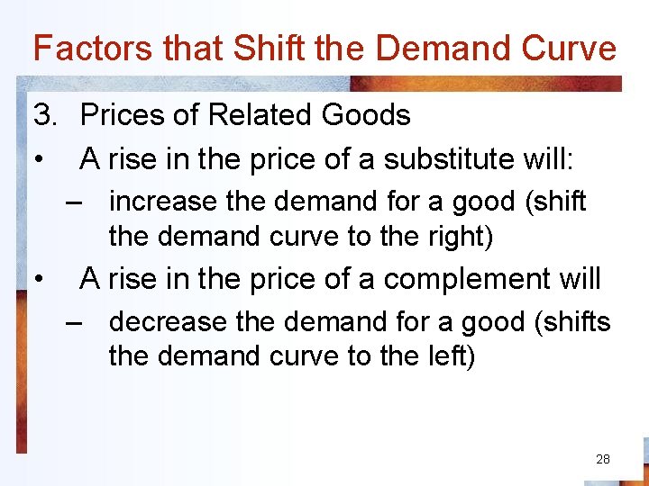 Factors that Shift the Demand Curve 3. Prices of Related Goods • A rise