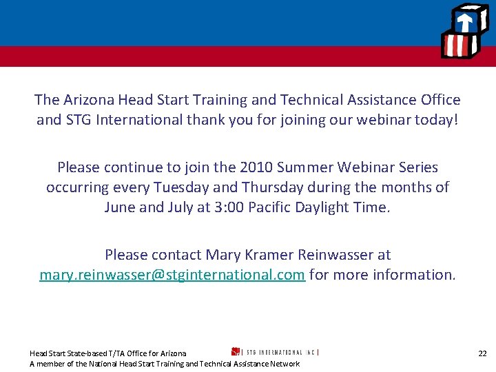 The Arizona Head Start Training and Technical Assistance Office and STG International thank you