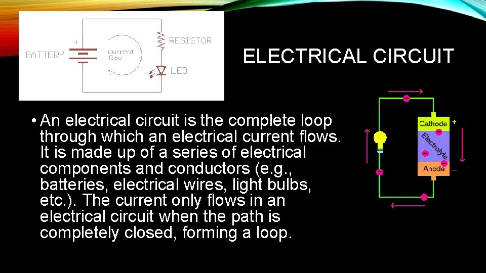 ELECTRICAL CIRCUIT • An electrical circuit is the complete loop through which an electrical