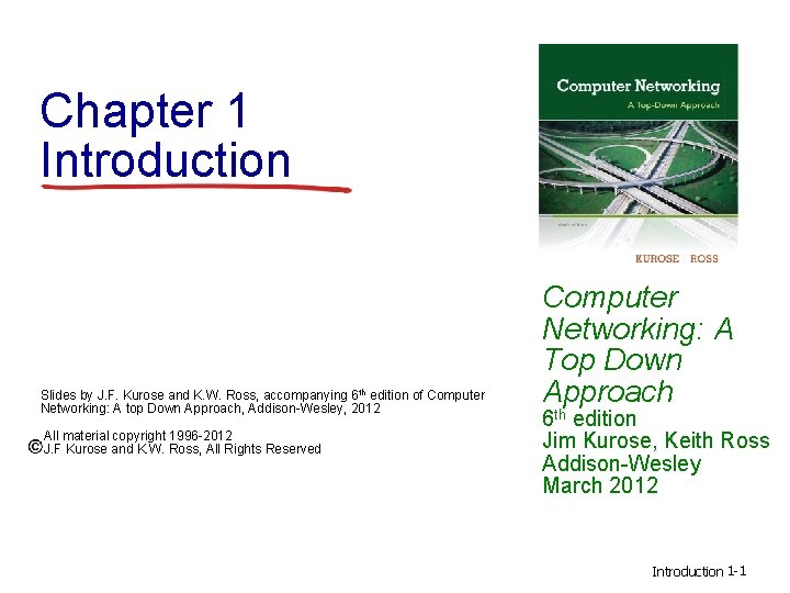 Chapter 1 Introduction Slides by J. F. Kurose and K. W. Ross, accompanying 6