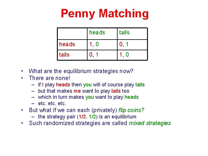 Penny Matching heads tails heads 1, 0 0, 1 tails 0, 1 1, 0