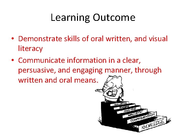 Learning Outcome • Demonstrate skills of oral written, and visual literacy • Communicate information Learning Outcome • Demonstrate skills of oral written, and visual literacy • Communicate information