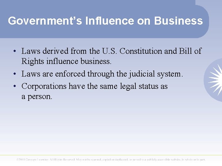 Government’s Influence on Business • Laws derived from the U. S. Constitution and Bill