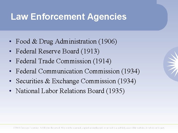 Law Enforcement Agencies • • • Food & Drug Administration (1906) Federal Reserve Board