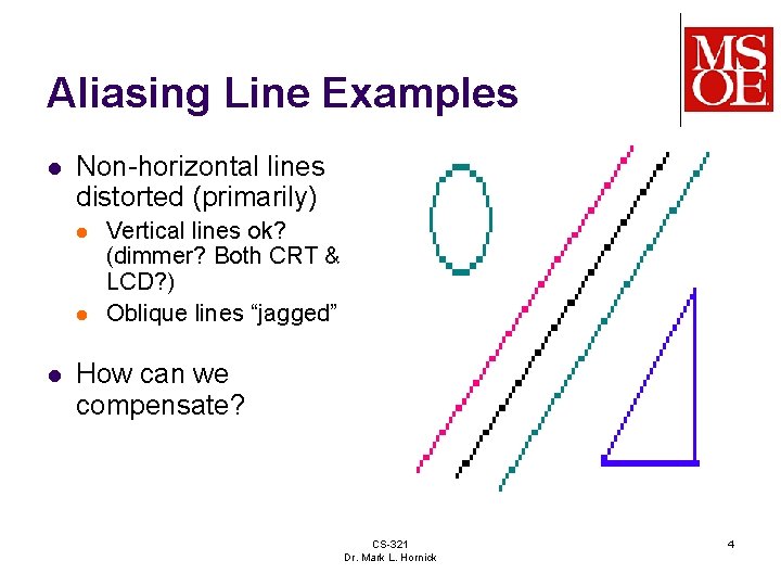 Aliasing Line Examples l Non-horizontal lines distorted (primarily) l l l Vertical lines ok?