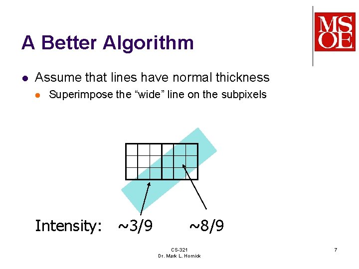 A Better Algorithm l Assume that lines have normal thickness l Superimpose the “wide”