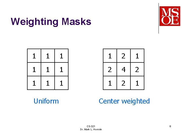 Weighting Masks 1 1 1 1 2 4 2 1 1 2 1 Uniform