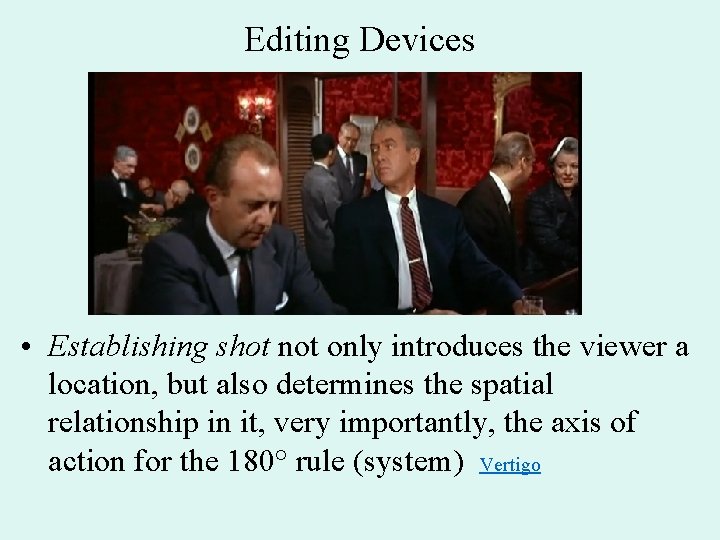 Editing Devices • Establishing shot not only introduces the viewer a location, but also