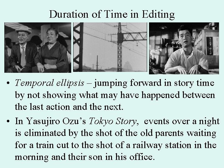 Duration of Time in Editing • Temporal ellipsis – jumping forward in story time