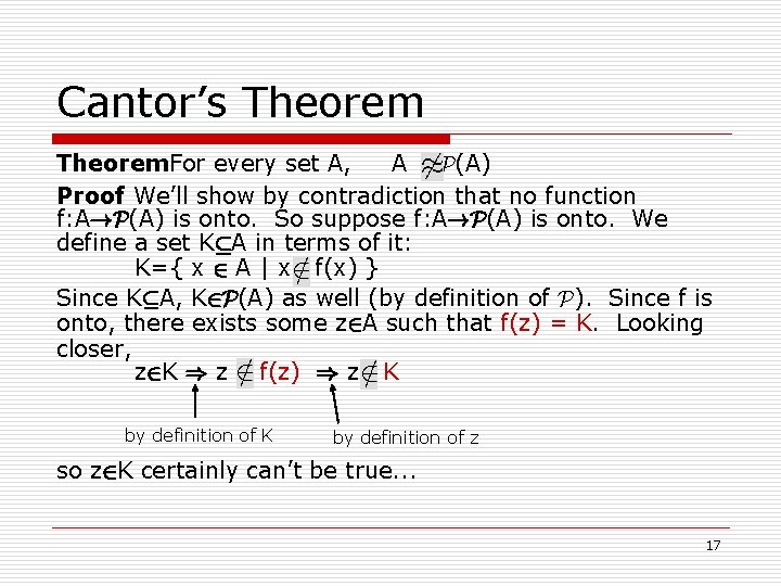 Cantor’s Theorem. For every set A, A P(A) Proof We’ll show by contradiction that