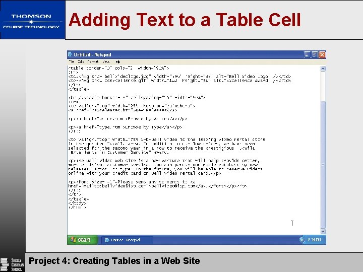 Adding Text to a Table Cell Project 4: Creating Tables in a Web Site