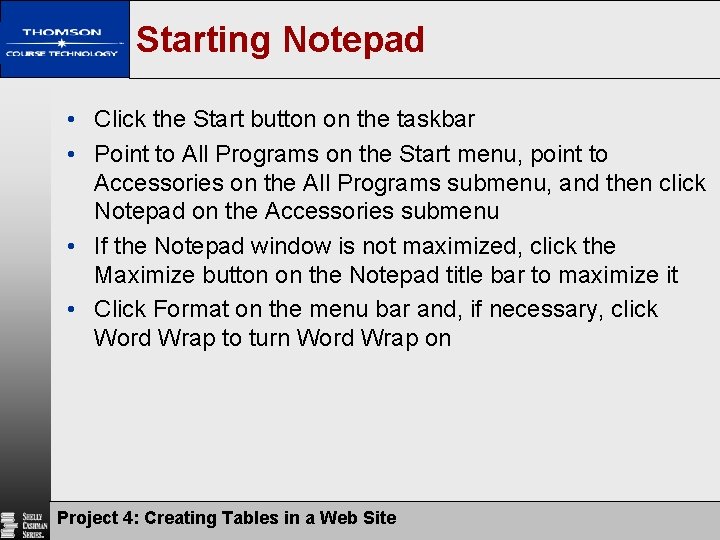 Starting Notepad • Click the Start button on the taskbar • Point to All