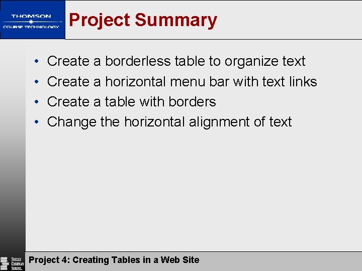 Project Summary • • Create a borderless table to organize text Create a horizontal