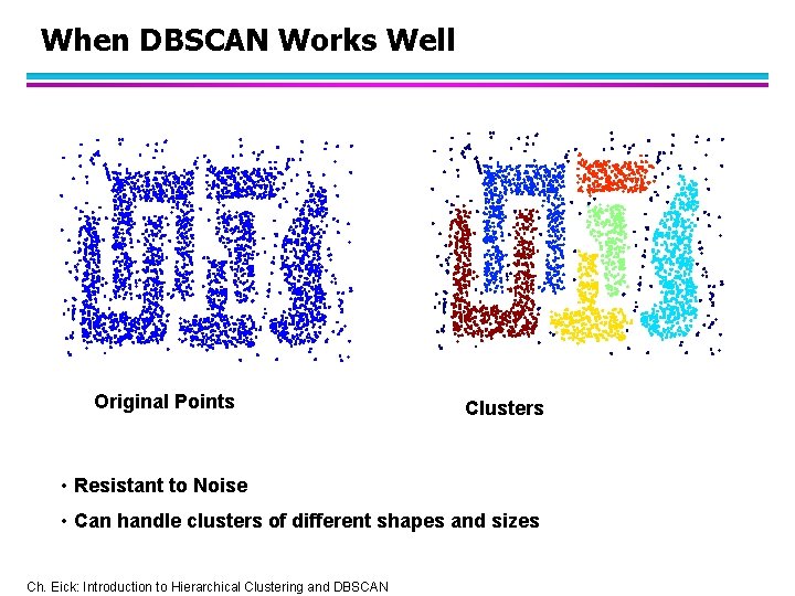 When DBSCAN Works Well Original Points Clusters • Resistant to Noise • Can handle