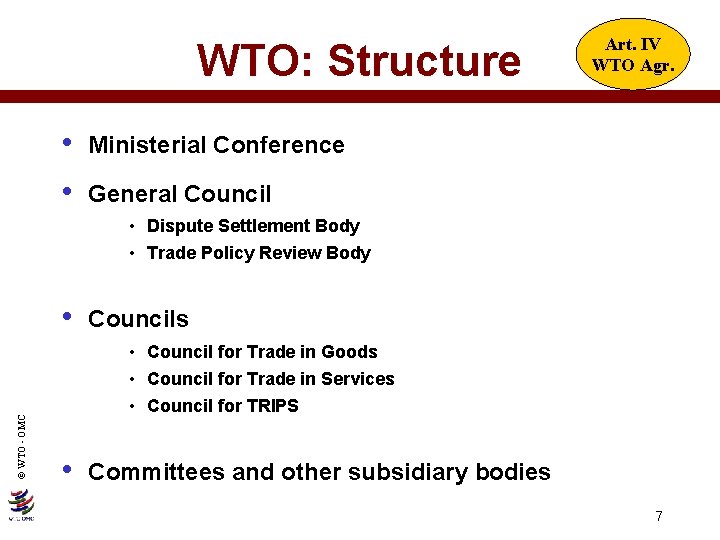 WTO: Structure • Ministerial Conference • General Council Art. IV WTO Agr. • Dispute