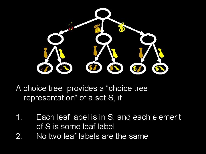 A choice tree provides a “choice tree representation” of a set S, if 1.