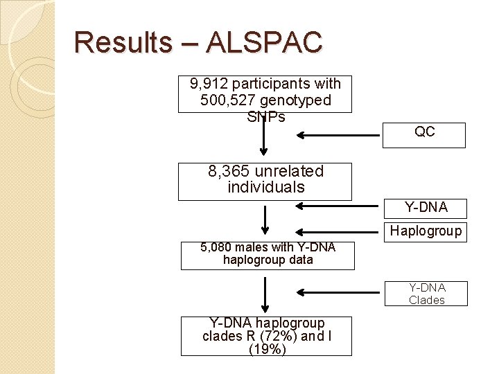 Results – ALSPAC 9, 912 participants with 500, 527 genotyped SNPs QC 8, 365 Results – ALSPAC 9, 912 participants with 500, 527 genotyped SNPs QC 8, 365