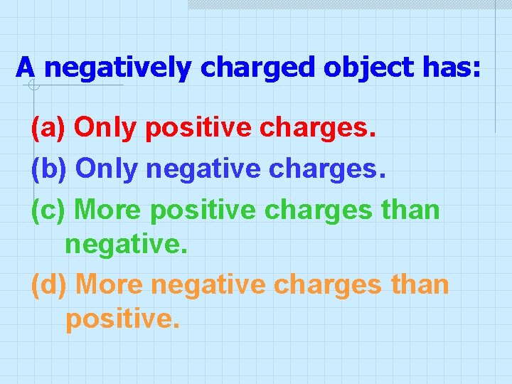 A negatively charged object has: (a) Only positive charges. (b) Only negative charges. (c) A negatively charged object has: (a) Only positive charges. (b) Only negative charges. (c)