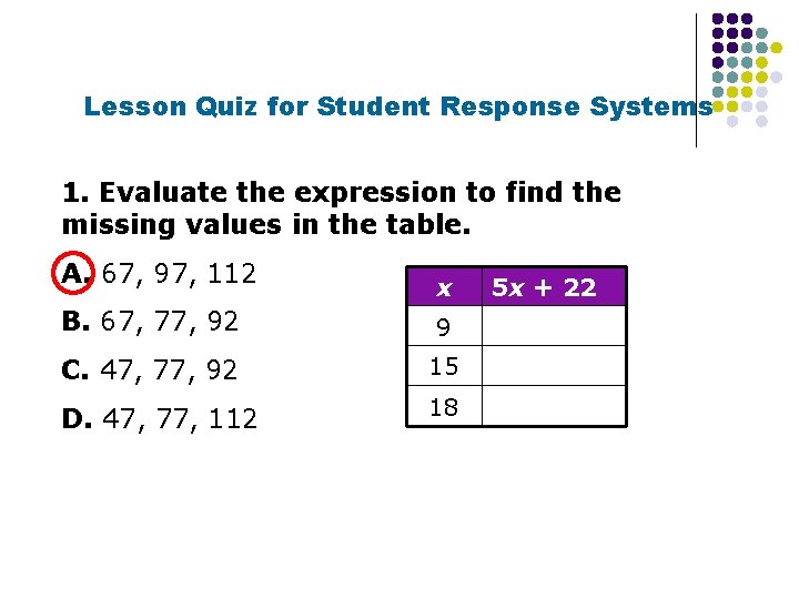 Lesson Quiz for Student Response Systems 1. Evaluate the expression to find the missing