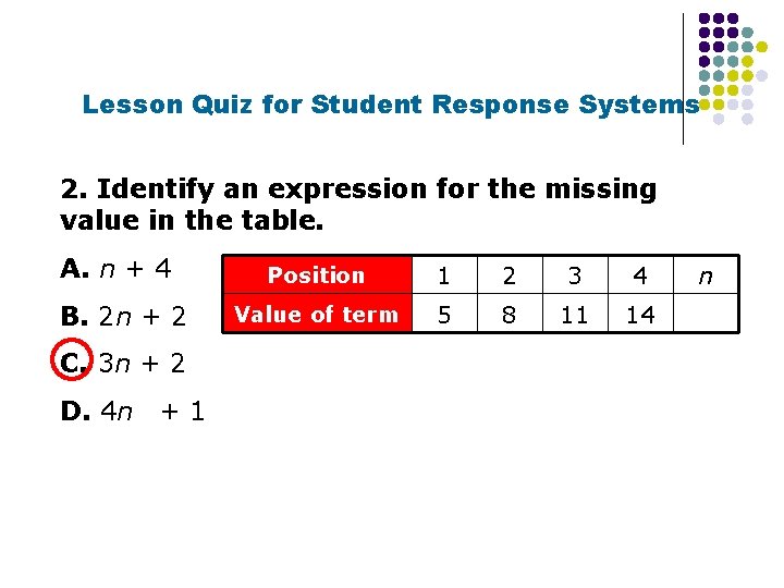 Lesson Quiz for Student Response Systems 2. Identify an expression for the missing value