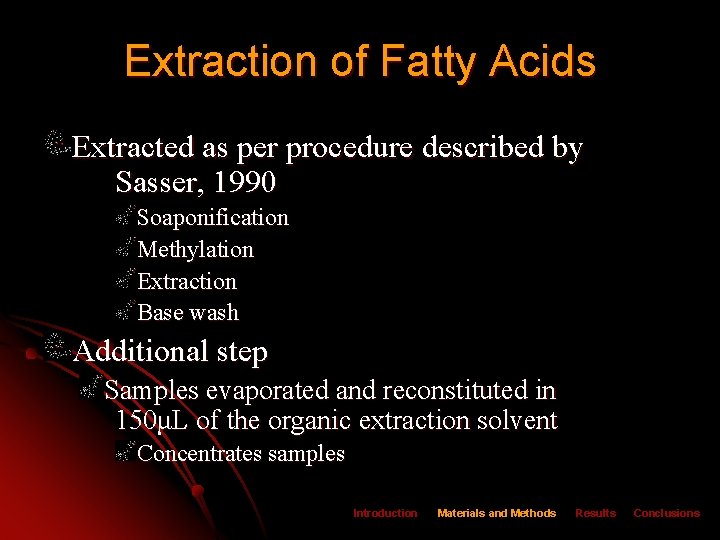 Extraction of Fatty Acids Extracted as per procedure described by Sasser, 1990 Soaponification Methylation