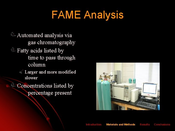 FAME Analysis Automated analysis via gas chromatography Fatty acids listed by time to pass