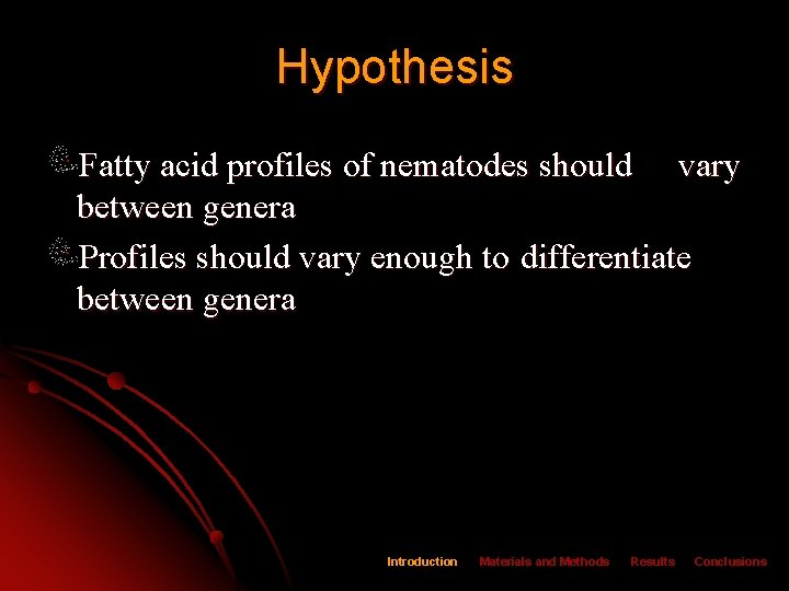 Hypothesis Fatty acid profiles of nematodes should vary between genera Profiles should vary enough