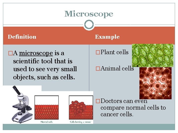 The Microscope Example Critical Science Vocabulary Unit Two 4 TH GRADE