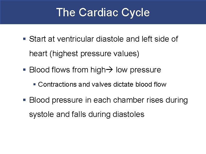 The Cardiac Cycle § Start at ventricular diastole and left side of heart (highest