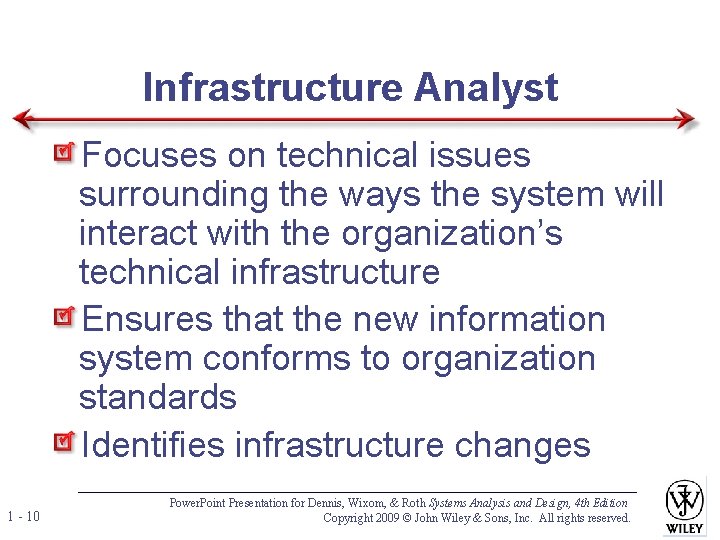 Infrastructure Analyst Focuses on technical issues surrounding the ways the system will interact with Infrastructure Analyst Focuses on technical issues surrounding the ways the system will interact with