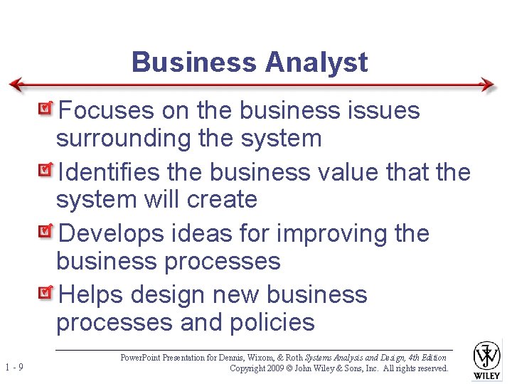 Business Analyst Focuses on the business issues surrounding the system Identifies the business value Business Analyst Focuses on the business issues surrounding the system Identifies the business value