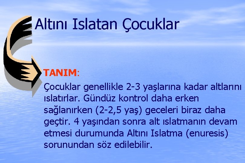 Altını Islatan Çocuklar TANIM: Çocuklar genellikle 2 -3 yaşlarına kadar altlarını ıslatırlar. Gündüz kontrol