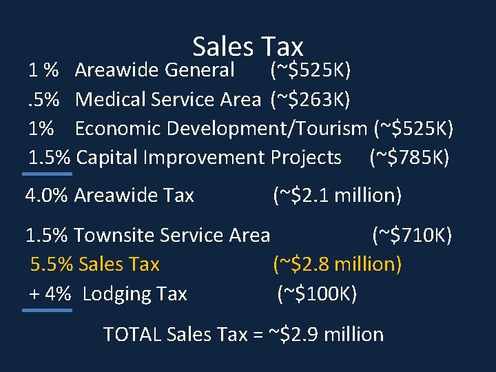 Sales Tax 1 % Areawide General (~$525 K) . 5% Medical Service Area (~$263