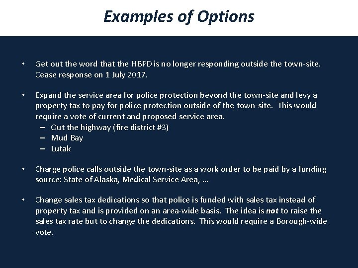 Examples of Options • Get out the word that the HBPD is no longer