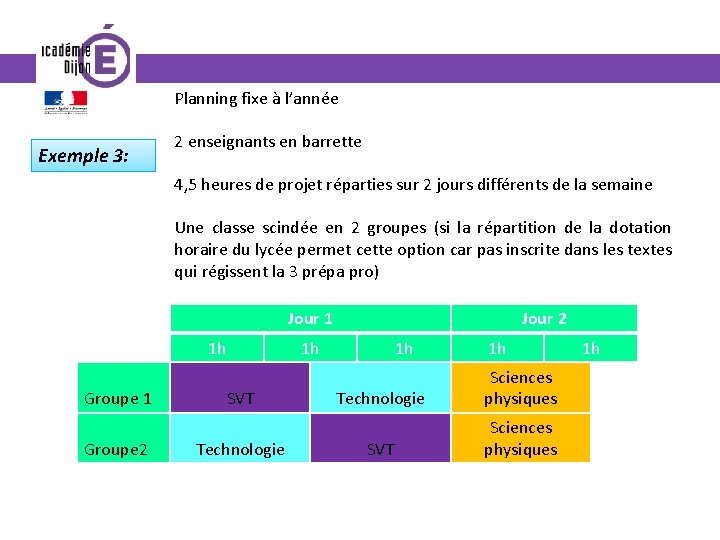 Planning fixe à l’année Exemple 3: 2 enseignants en barrette 4, 5 heures de