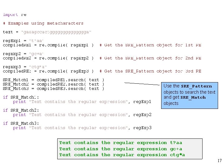 Use the SRE_Pattern objects to search the text and get SRE_Match objects Text contains
