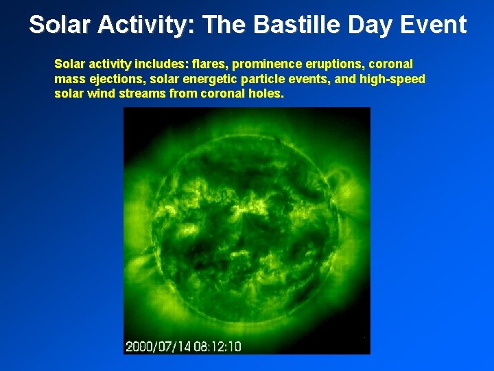 Solar Activity: The Bastille Day Event Solar activity includes: flares, prominence eruptions, coronal mass Solar Activity: The Bastille Day Event Solar activity includes: flares, prominence eruptions, coronal mass