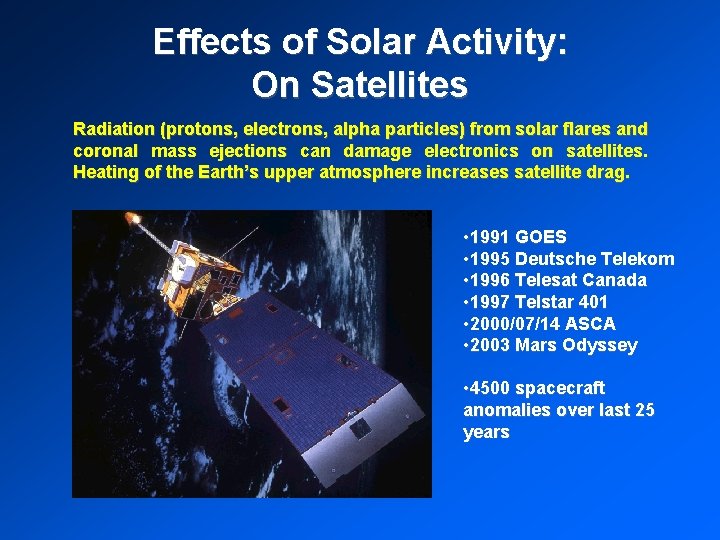 Effects of Solar Activity: On Satellites Radiation (protons, electrons, alpha particles) from solar flares Effects of Solar Activity: On Satellites Radiation (protons, electrons, alpha particles) from solar flares