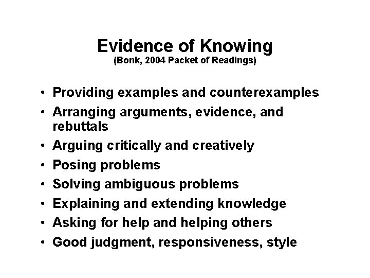 Evidence of Knowing (Bonk, 2004 Packet of Readings) • Providing examples and counterexamples •