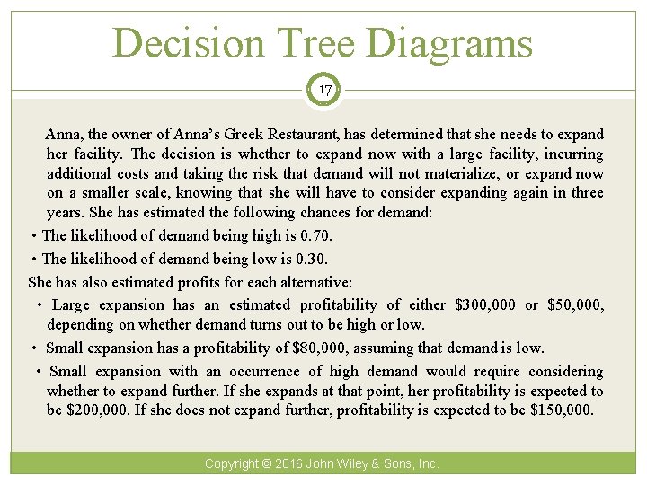 Decision Tree Diagrams 17 Anna, the owner of Anna’s Greek Restaurant, has determined that