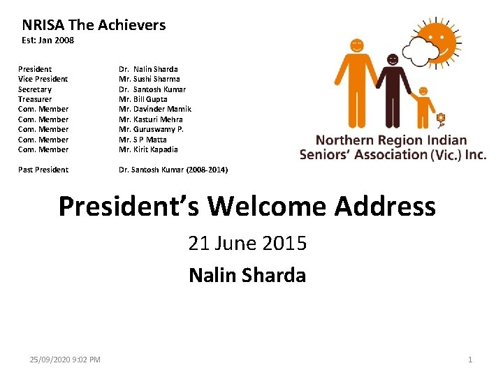 NRISA The Achievers Est: Jan 2008 President Vice President Secretary Treasurer Com. Member Dr.