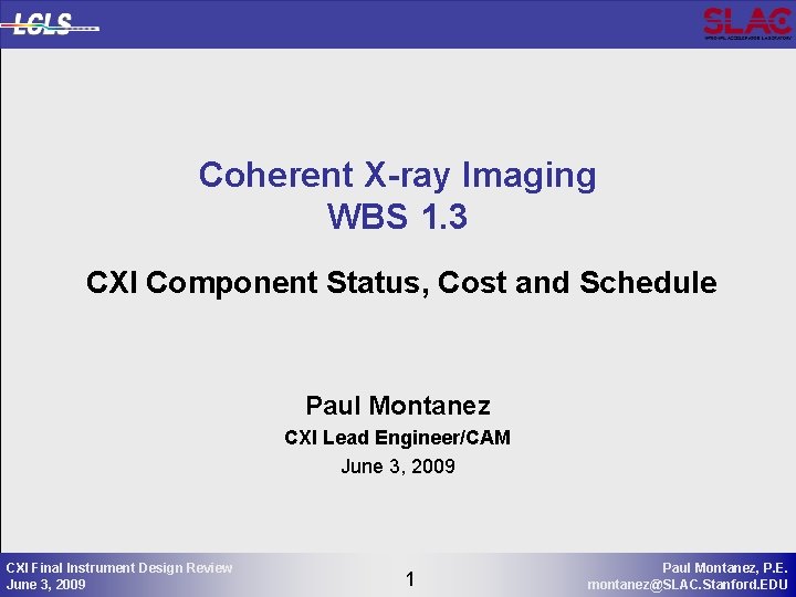 Coherent X-ray Imaging WBS 1. 3 CXI Component Status, Cost and Schedule Paul Montanez